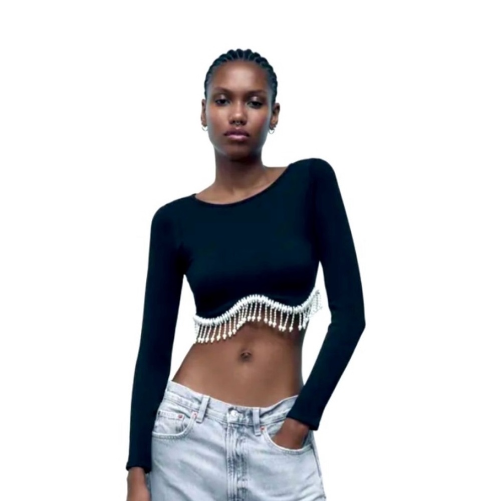 Zara Seamless Pearl Ribbed Crop Top Long Sleeve Beaded Fringe Top Black size XS